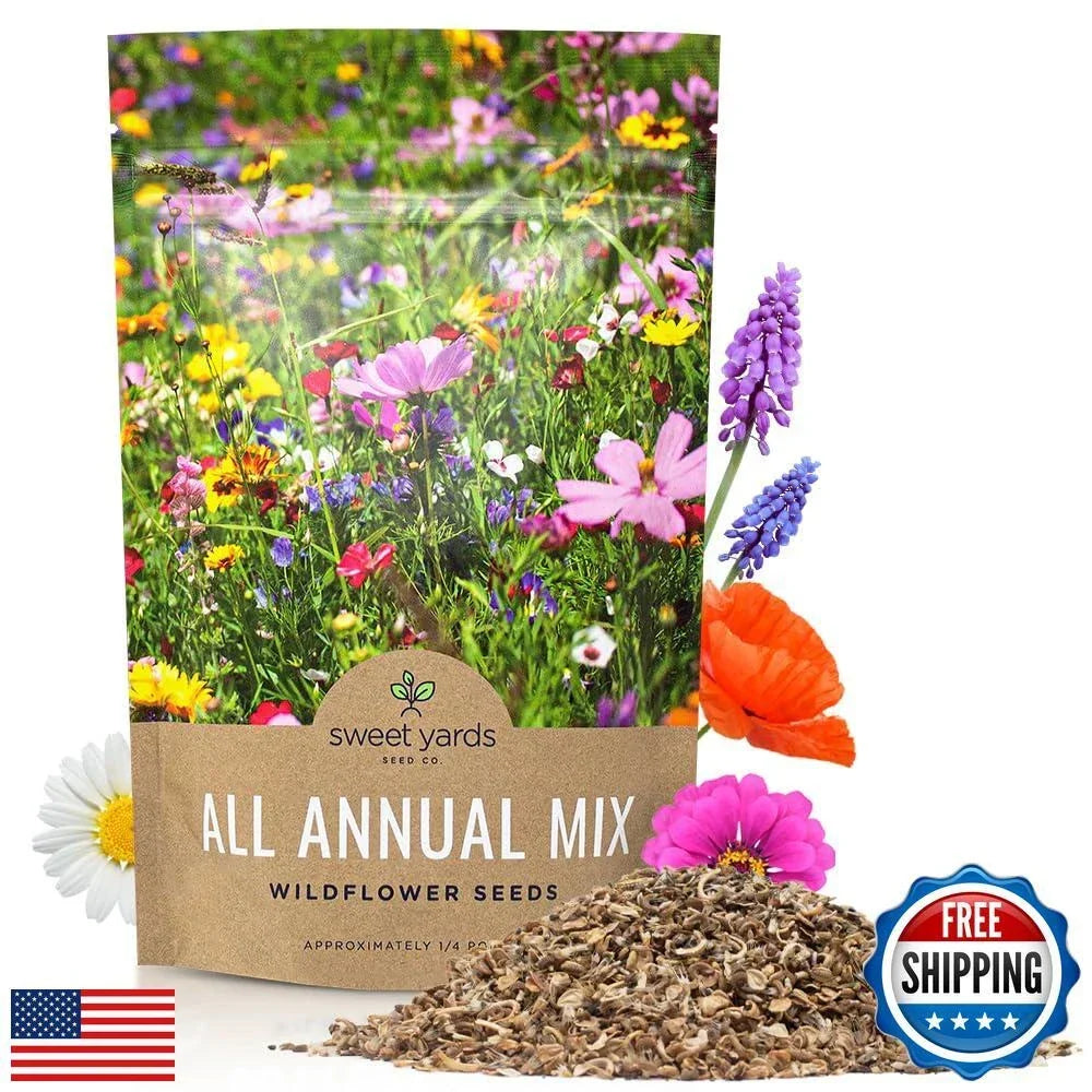 Bulk Wildflower Seeds - 1/4 Pound Pack - Annual Quick Blooming Mix for Vibrant Garden, Pollinator Attracting, Over 30,000 Seeds