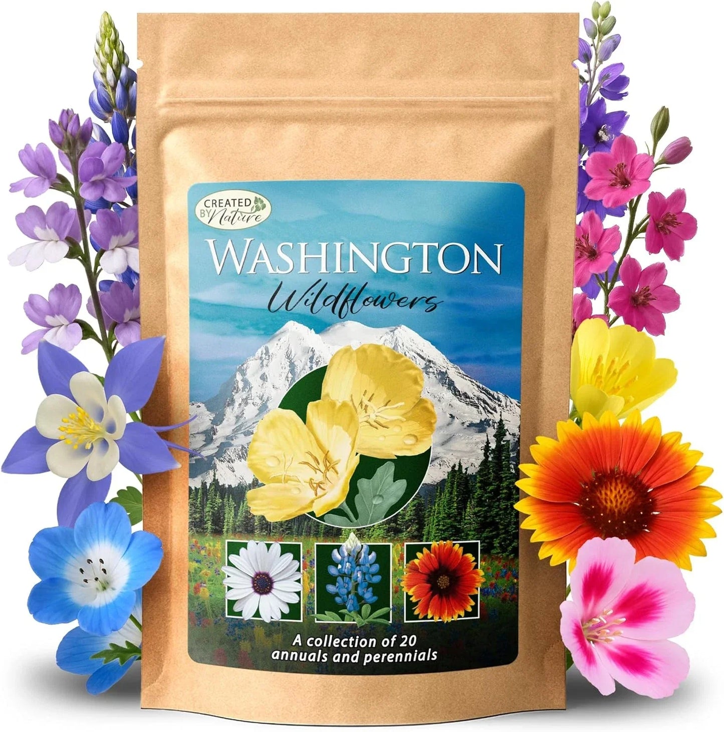Wildflower Seed Mix - 20 Varieties, 60,000+ Seeds - Washington Native Flowers, Pollinator Friendly, Garden & Meadow Seed