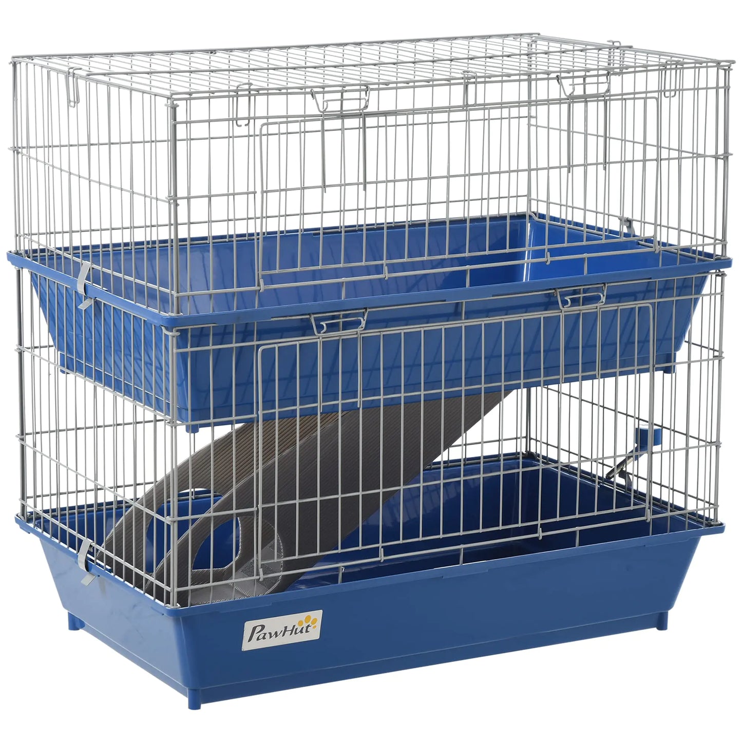 Pawhut 2 Tier Guinea Pig Cage Ferret Cage Chinchilla Cage Small Animal Cage Indoor With Dish And Bottle 2 Doors Deep Bottoms Ramp 28 Blue