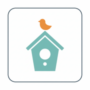 square shaped, simple color icon of a bird on the perch of a bird house. there is a frame around the image that has rounded corners. borders of the graphic are solid color
