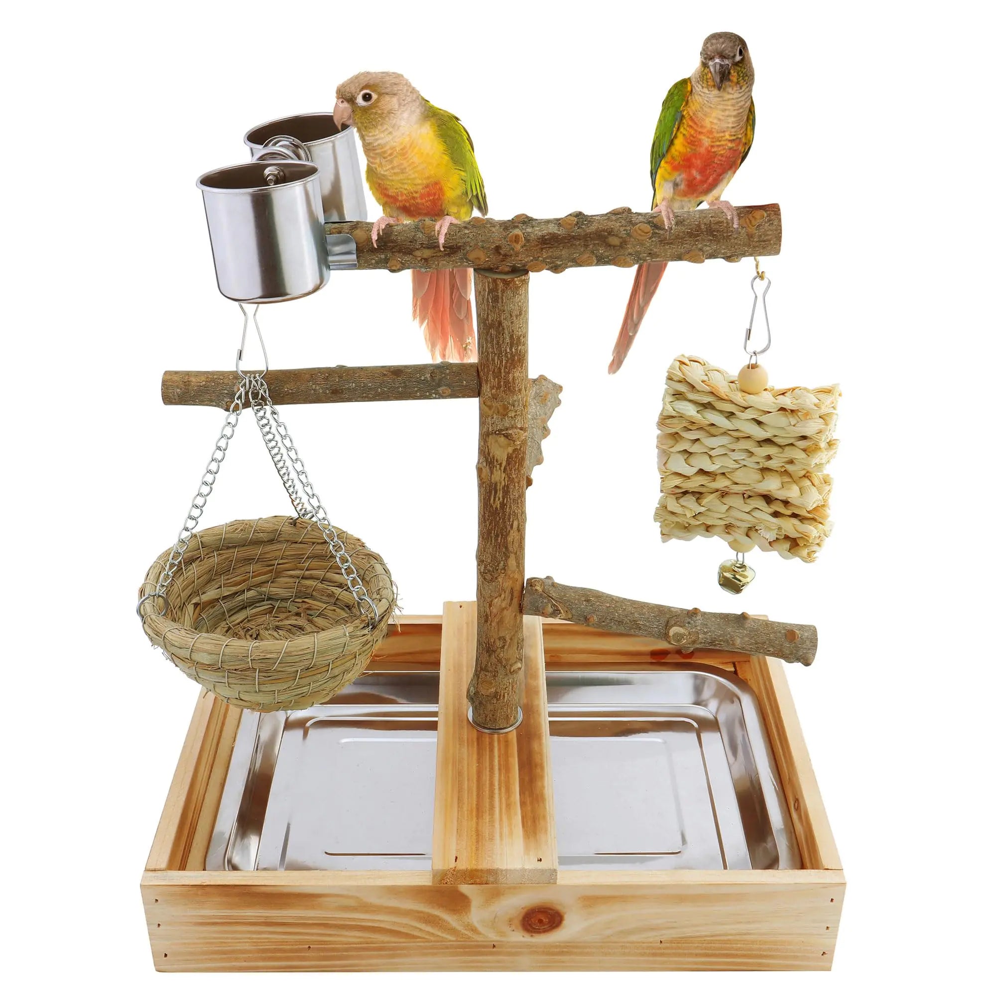 Mogoko Natural Bird Playground Bird Perches Bird Cage Accessories Bird Toys Playground Bird Perch Stand Parrot Stand Includes 2 Stainless Steel Cups And Removable Tray